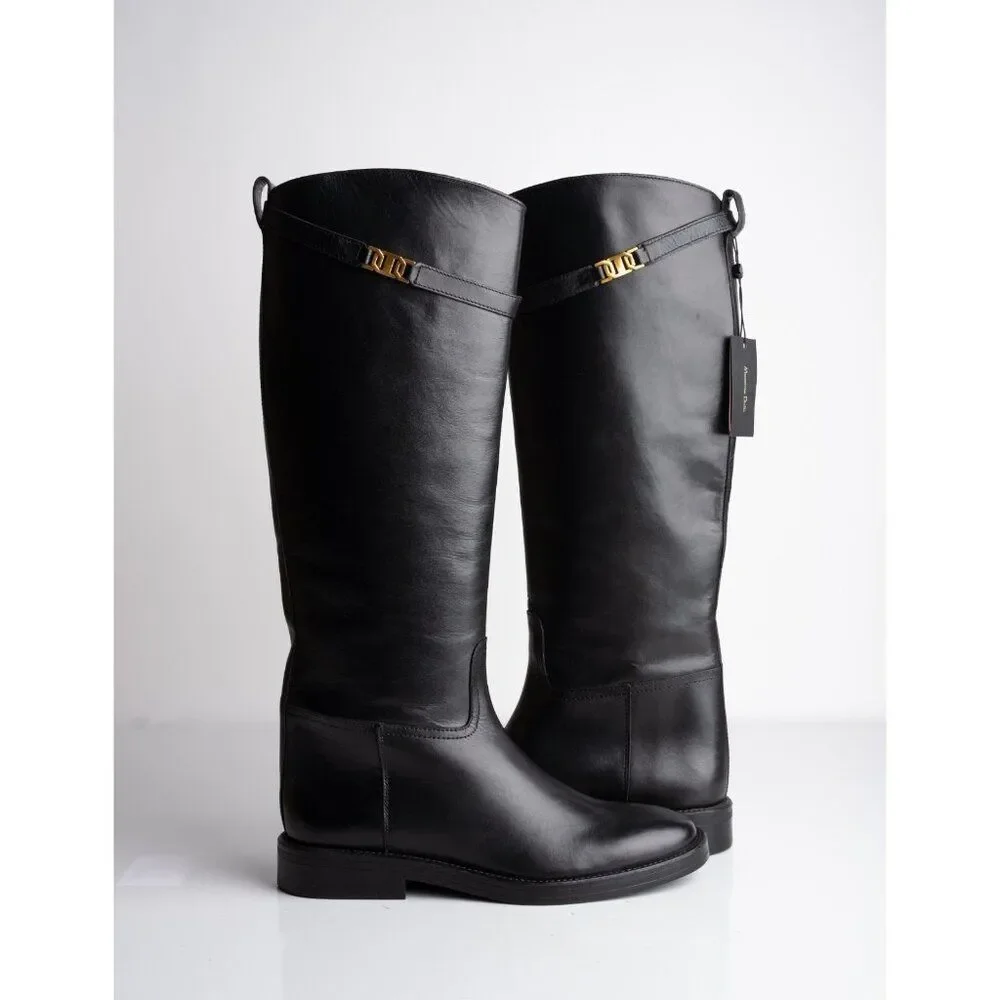 Massimo Dutti Womens Knee High Leather Riding Boots Black US 9 EU 40 NWD